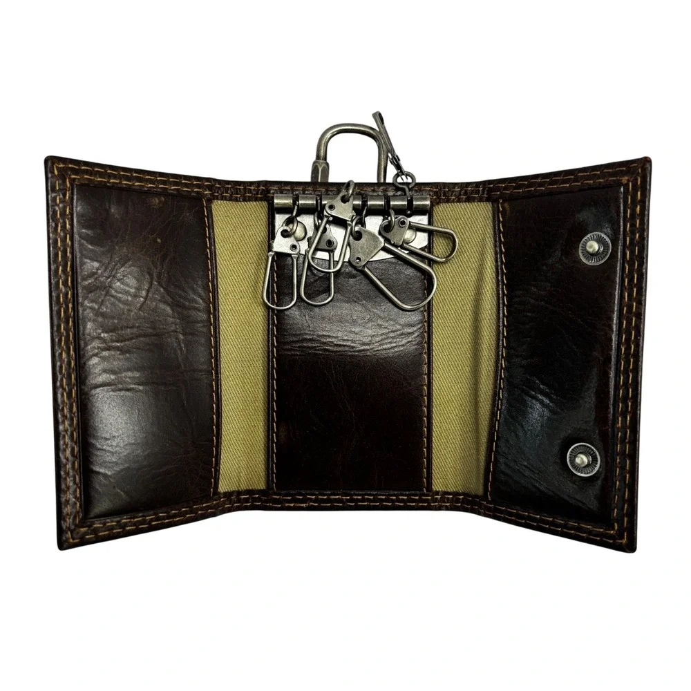 Fossil Mens Dark Brown Leather Trifold Key Case Wallet with Carabiner Clip